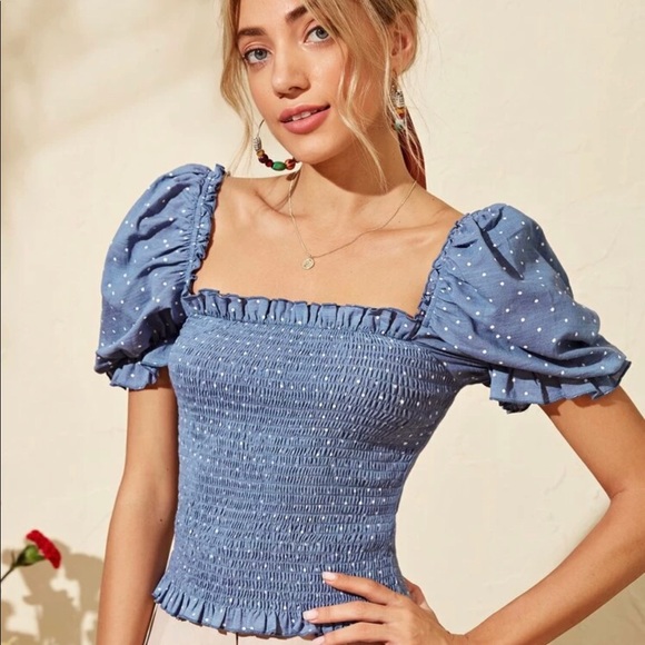 SHEIN POLKA DOT PRINT FRILL TRIM SHIRRED TOP BLUE - Picture 4 of 4